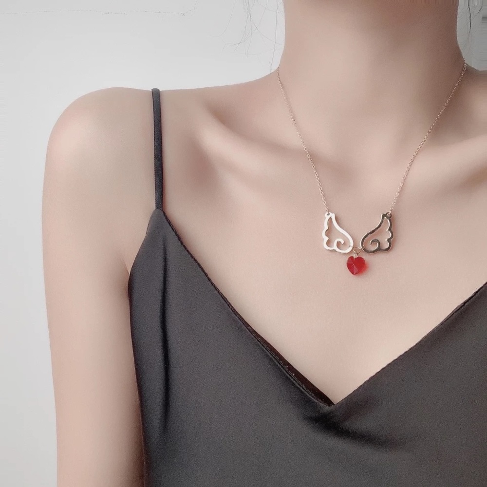 Heart Bead Angel Wings Gold Tone Chain Necklace